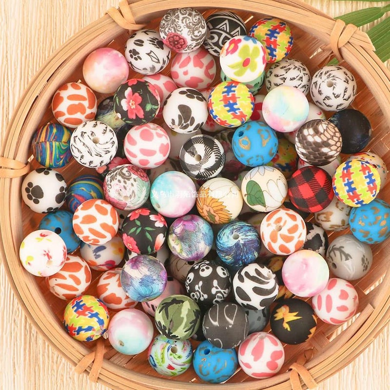 Decoendiy 50Pcs Silicone Printed Beads 15mm  Leopard Cow Animal Print Beads  Flower Leaves Plaid Beads  Loose Round Silicone Spacer Beads  for Adults DIY Crafts Supplies (#7) - Image 3